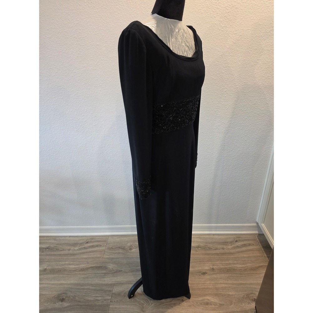 Oleg Cassini Black Tie Evening Gown Beaded Lace Waist Long Sleeve Maxi Dress 8